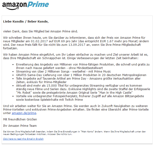 Amazon Prime Preiserhöhung ab 2017